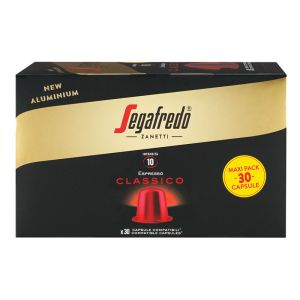 Eine Kartonschachtel mit Aufdruck von Segafredo Espresso Classico Alukapseln mit dem Sticker "Maxi Pack - 30 Capsule" in einer frontaler Ansicht