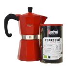 eine rote Mokakanne und ein Dose Espresso Organico gemahlener Kaffee