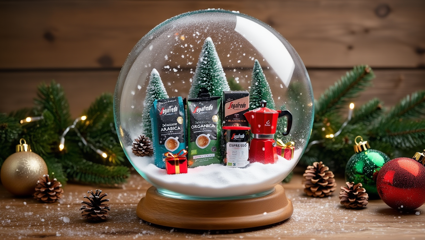 In einer Schneekugel befinden sich mehrere Kaffeepackungen und eine Mokakanne