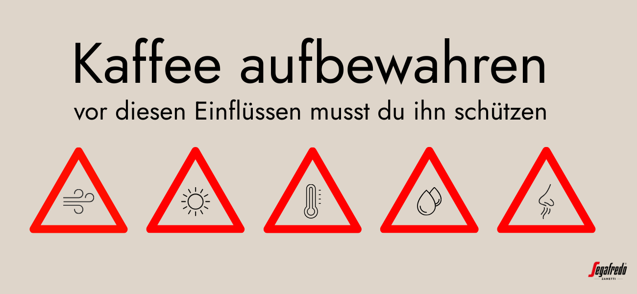 „Infografik mit dem Titel ‚Kaffee richtig aufbewahren – diese Faktoren solltest du vermeiden‘. Gezeigt werden fünf Symbole in Dreiecken: Luft, Licht, Feuchtigkeit, Wärme und Fremdgerüche. Diese Einflüsse werden als schädlich für die Frische von Kaffee dargestellt. Unten rechts ist das Logo von Segafredo Zanetti zu sehen.“