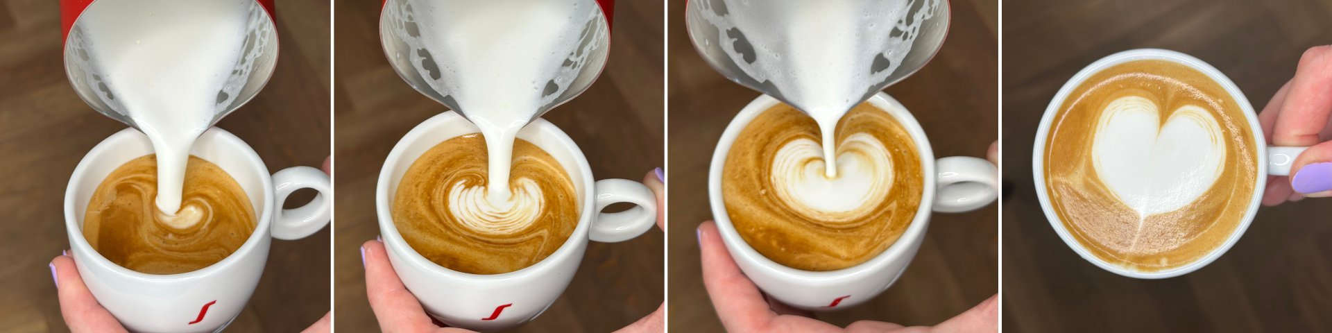vier Photos als Anleitung zum Gießen eines Latte Art Herzes
