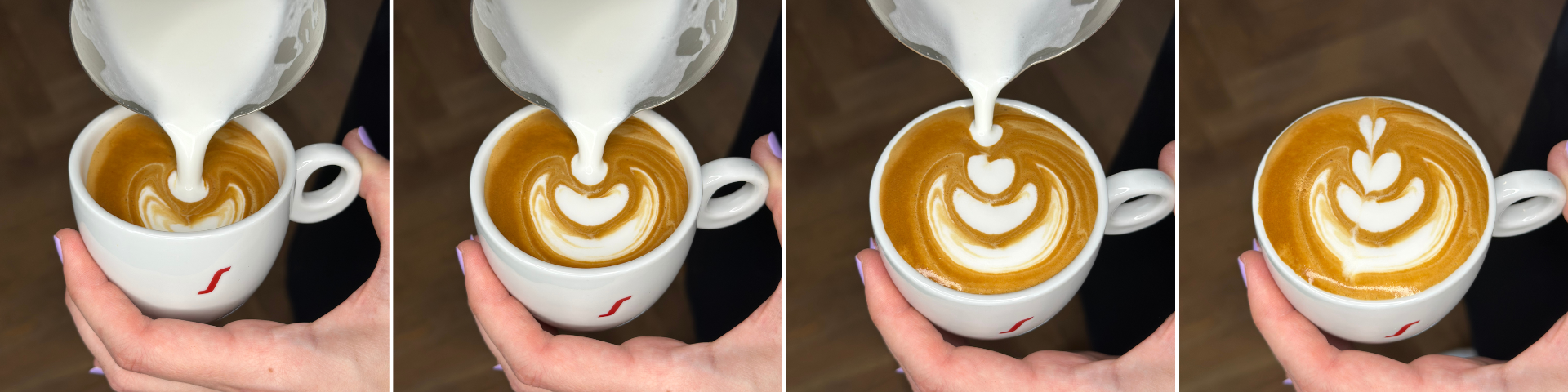 vier Photos als Anleitung zum Gießen einer Latte Art Tulpe
