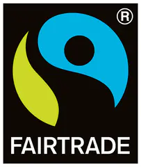 Symbol für Fairtrade in grün und blau mit dem Text: FAIRTRADE darunter